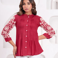 Maroon Premium Rayon Casual A-Line Top With Embroidered 3/4th Sleeves