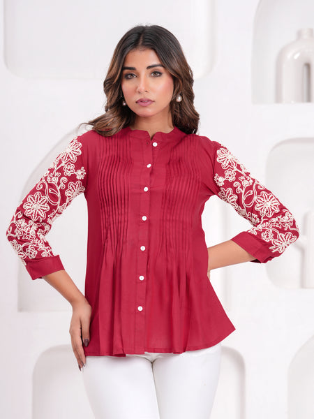 Maroon Premium Rayon Casual A-Line Top With Embroidered 3/4th Sleeves