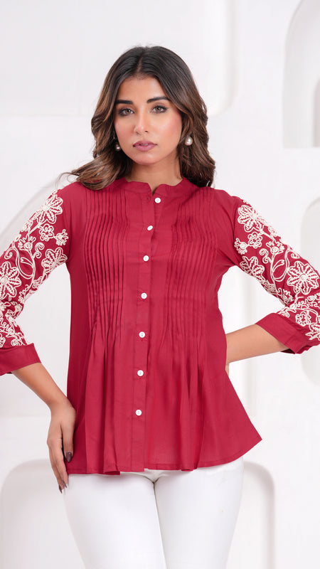 Maroon Premium Rayon Casual A-Line Top With Embroidered 3/4th Sleeves