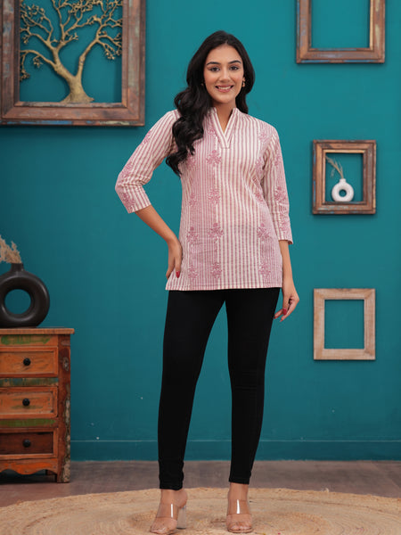 Light Pink Pure Cotton Casual Straight Fit 3/4Th Sleeves Top For Women