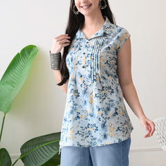 Sky Blue Pure Cotton Casual A-Line Sleeveless Top With Pair of Half Sleeves Attached