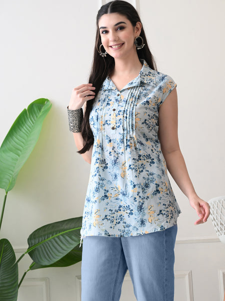 Sky Blue Pure Cotton Casual A-Line Sleeveless Top With Pair of Half Sleeves Attached