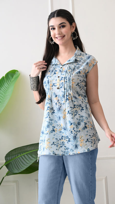 Sky Blue Pure Cotton Casual A-Line Sleeveless Top With Pair of Half Sleeves Attached