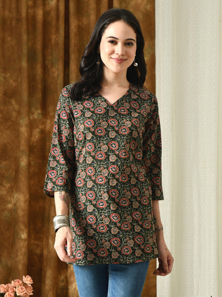 Bottle Green Jaal Pure Cotton Casual 3/4th Sleeves Top for women