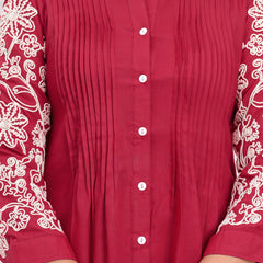 Maroon Premium Rayon Casual A-Line Top With Embroidered 3/4th Sleeves