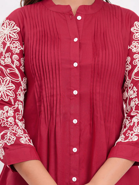 Maroon Premium Rayon Casual A-Line Top With Embroidered 3/4th Sleeves