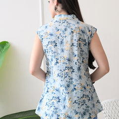 Sky Blue Pure Cotton Casual A-Line Sleeveless Top With Pair of Half Sleeves Attached