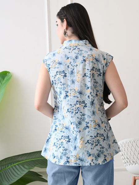 Sky Blue Pure Cotton Casual A-Line Sleeveless Top With Pair of Half Sleeves Attached