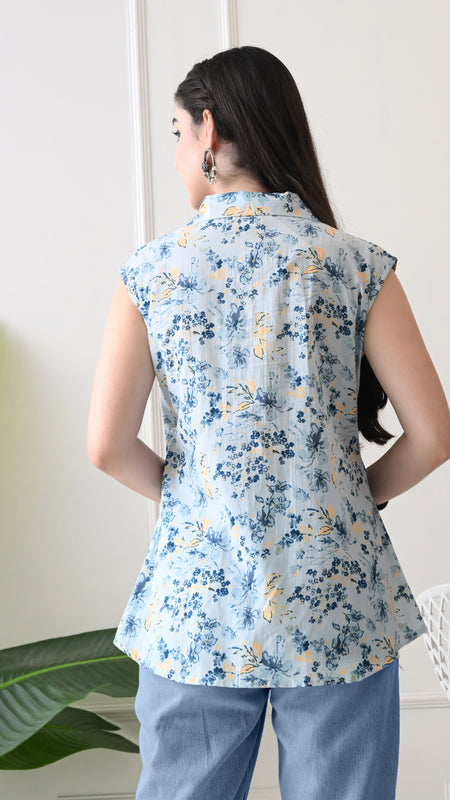 Sky Blue Pure Cotton Casual A-Line Sleeveless Top With Pair of Half Sleeves Attached