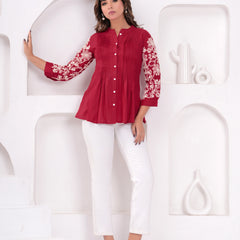 Maroon Premium Rayon Casual A-Line Top With Embroidered 3/4th Sleeves