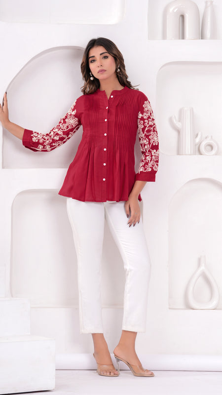 Maroon Premium Rayon Casual A-Line Top With Embroidered 3/4th Sleeves