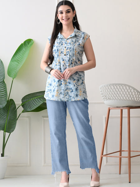 Sky Blue Pure Cotton Casual A-Line Sleeveless Top With Pair of Half Sleeves Attached