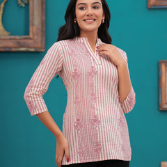 Light Pink Pure Cotton Casual Straight Fit 3/4Th Sleeves Top For Women