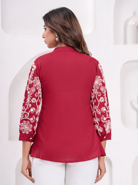 Maroon Premium Rayon Casual A-Line Top With Embroidered 3/4th Sleeves