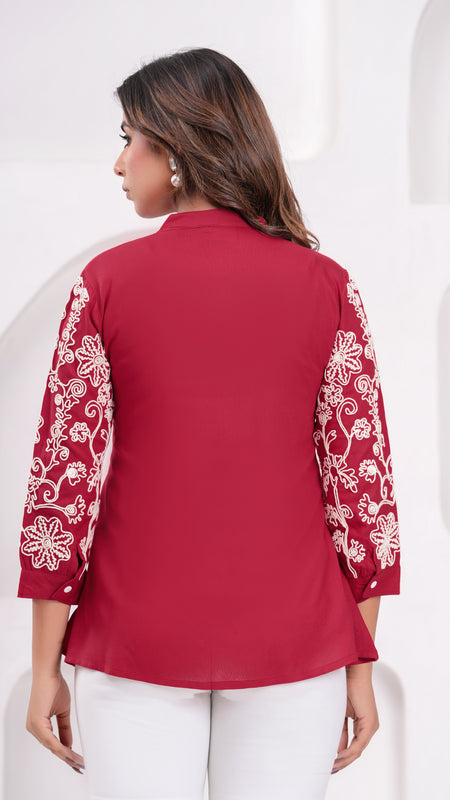 Maroon Premium Rayon Casual A-Line Top With Embroidered 3/4th Sleeves