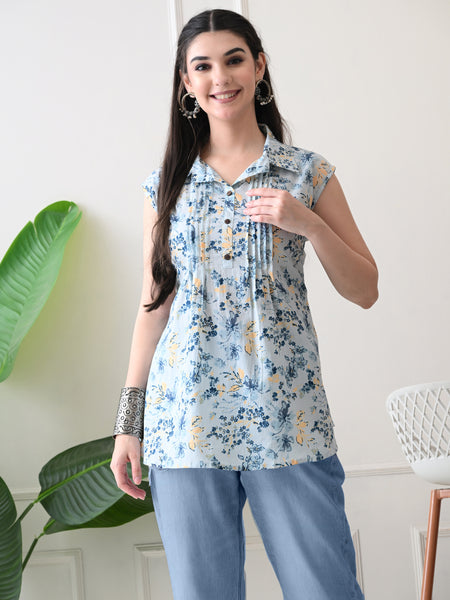 Sky Blue Pure Cotton Casual A-Line Sleeveless Top With Pair of Half Sleeves Attached