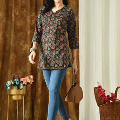 Bottle Green Jaal Pure Cotton Casual 3/4th Sleeves Top for women