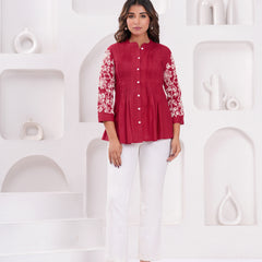 Maroon Premium Rayon Casual A-Line Top With Embroidered 3/4th Sleeves