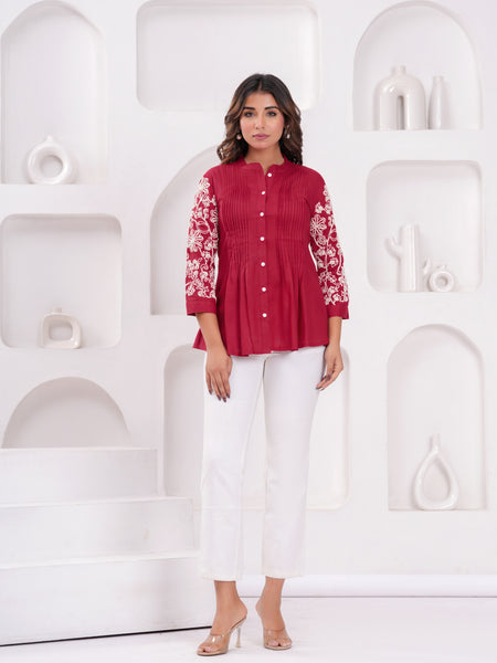 Maroon Premium Rayon Casual A-Line Top With Embroidered 3/4th Sleeves