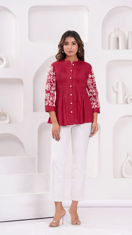Maroon Premium Rayon Casual A-Line Top With Embroidered 3/4th Sleeves