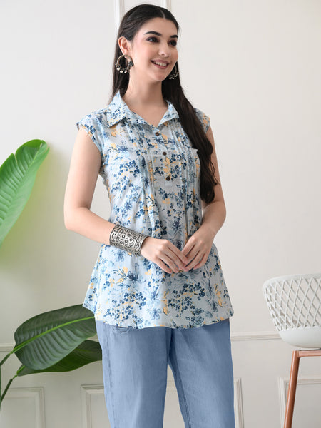 Sky Blue Pure Cotton Casual A-Line Sleeveless Top With Pair of Half Sleeves Attached