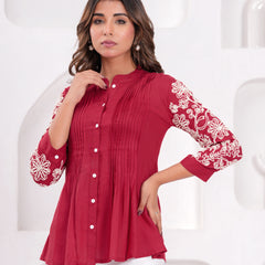 Maroon Premium Rayon Casual A-Line Top With Embroidered 3/4th Sleeves