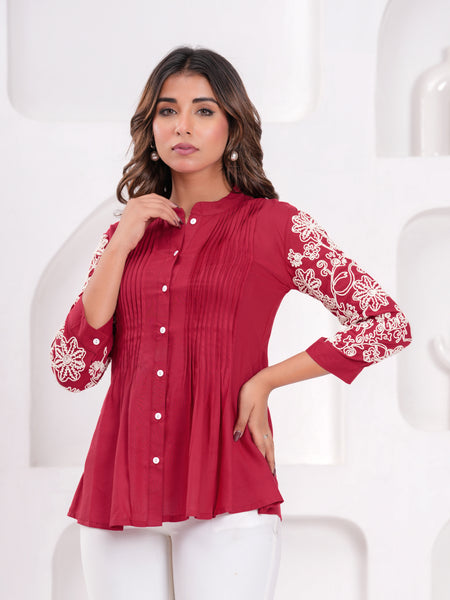 Maroon Premium Rayon Casual A-Line Top With Embroidered 3/4th Sleeves