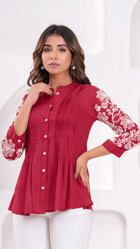 Maroon Premium Rayon Casual A-Line Top With Embroidered 3/4th Sleeves