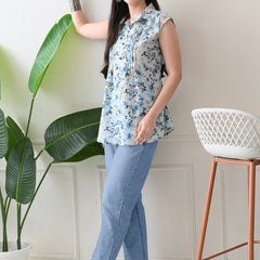 Sky Blue Pure Cotton Casual A-Line Sleeveless Top With Pair of Half Sleeves Attached