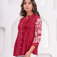 Maroon Premium Rayon Casual A-Line Top With Embroidered 3/4th Sleeves