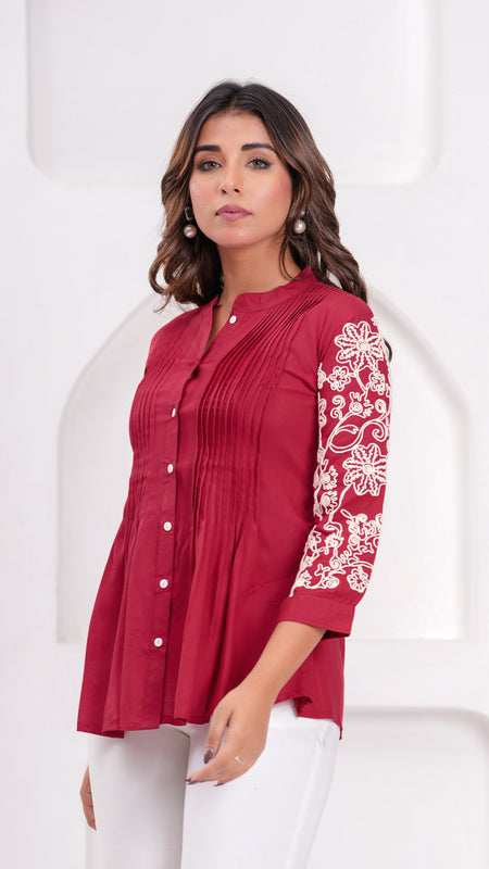 Maroon Premium Rayon Casual A-Line Top With Embroidered 3/4th Sleeves