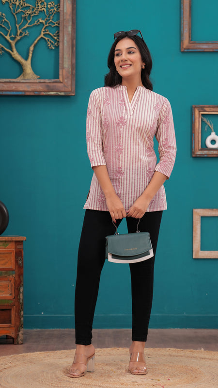 Light Pink Pure Cotton Casual Straight Fit 3/4Th Sleeves Top For Women