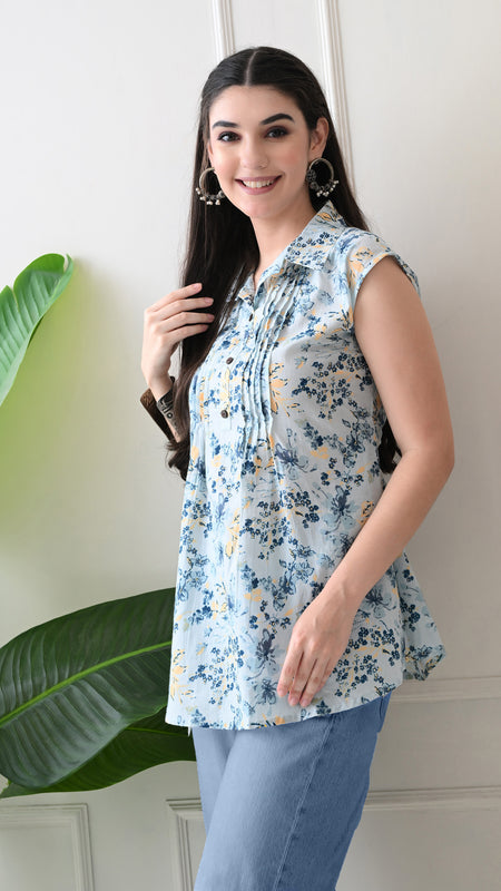 Sky Blue Pure Cotton Casual A-Line Sleeveless Top With Pair of Half Sleeves Attached