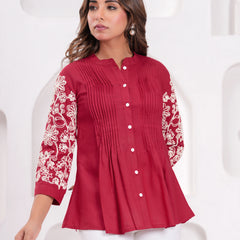 Maroon Premium Rayon Casual A-Line Top With Embroidered 3/4th Sleeves