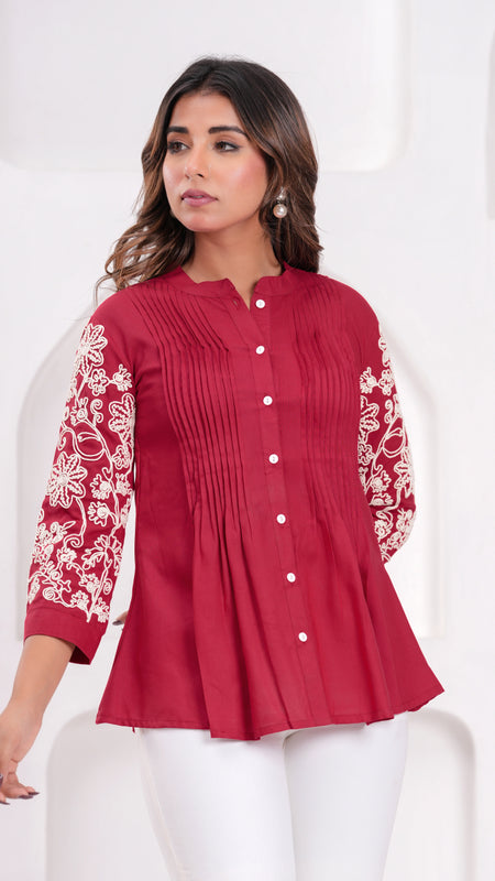 Maroon Premium Rayon Casual A-Line Top With Embroidered 3/4th Sleeves