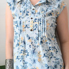 Sky Blue Pure Cotton Casual A-Line Sleeveless Top With Pair of Half Sleeves Attached