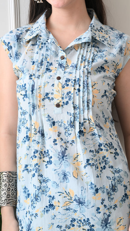 Sky Blue Pure Cotton Casual A-Line Sleeveless Top With Pair of Half Sleeves Attached