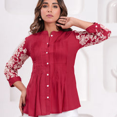 Maroon Premium Rayon Casual A-Line Top With Embroidered 3/4th Sleeves