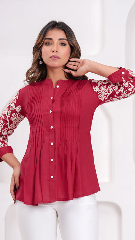 Maroon Premium Rayon Casual A-Line Top With Embroidered 3/4th Sleeves