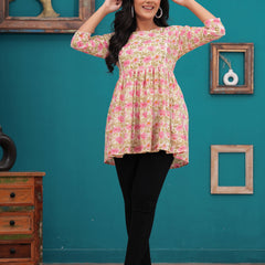 Beige And Pink Pure Cotton Casual Peplum 3/4Th Sleeves Top For Women