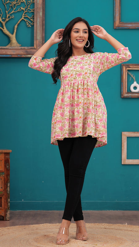 Beige And Pink Pure Cotton Casual Peplum 3/4Th Sleeves Top For Women