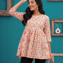 Beige And Pink Pure Cotton Casual Peplum 3/4Th Sleeves Top For Women