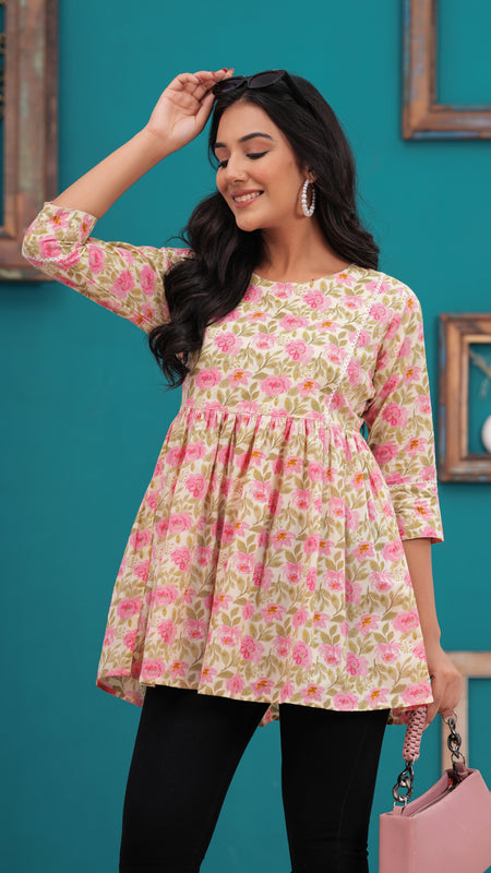 Beige And Pink Pure Cotton Casual Peplum 3/4Th Sleeves Top For Women