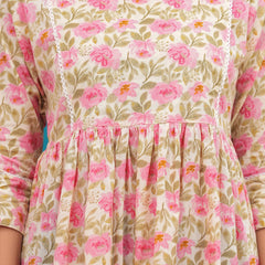 Beige And Pink Pure Cotton Casual Peplum 3/4Th Sleeves Top For Women