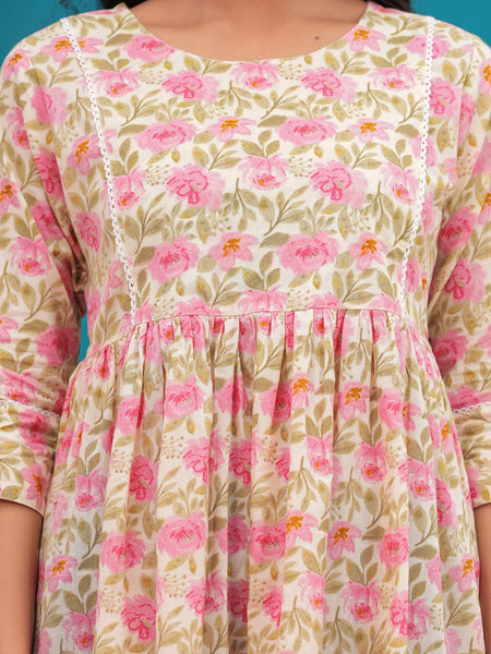 Beige And Pink Pure Cotton Casual Peplum 3/4Th Sleeves Top For Women