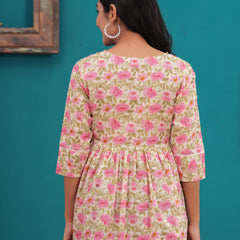 Beige And Pink Pure Cotton Casual Peplum 3/4Th Sleeves Top For Women
