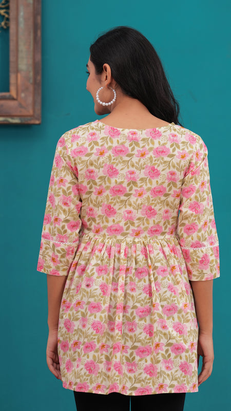 Beige And Pink Pure Cotton Casual Peplum 3/4Th Sleeves Top For Women