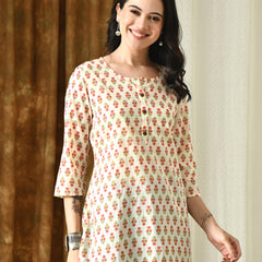 Cream Butti Pure Cotton Casual 3/4th Sleeves Top for women