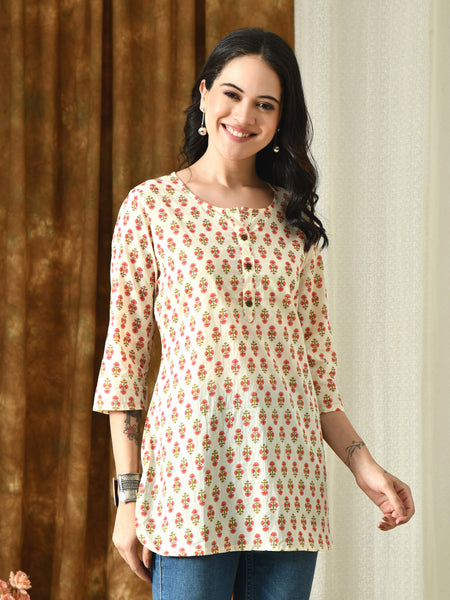 Cream Butti Pure Cotton Casual 3/4th Sleeves Top for women
