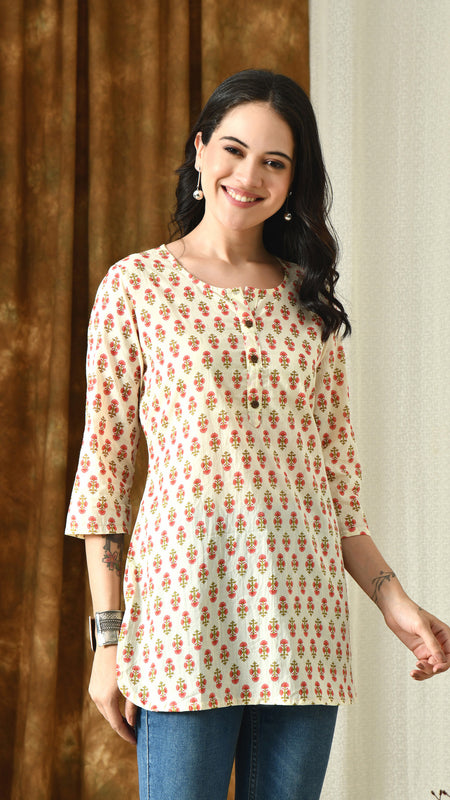 Cream Butti Pure Cotton Casual 3/4th Sleeves Top for women